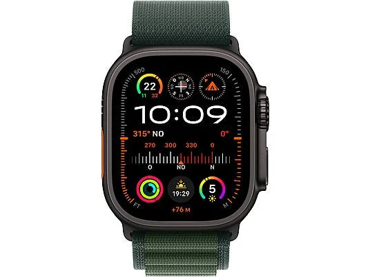Apple Watch Ultra 2 (2024), GPS + Cellular, 49 mm, czarna obudowa z tytanu, gest podwójnego stuknięcia, ciemnozielona opaska Alpine, duży
