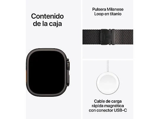 Apple Watch Ultra 2 (2024), GPS + Cellular, 49 mm, czarna tytanowa koperta, gest podwójnego stuknięcia, czarna tytanowa opaska mediolańska, rozmiar S