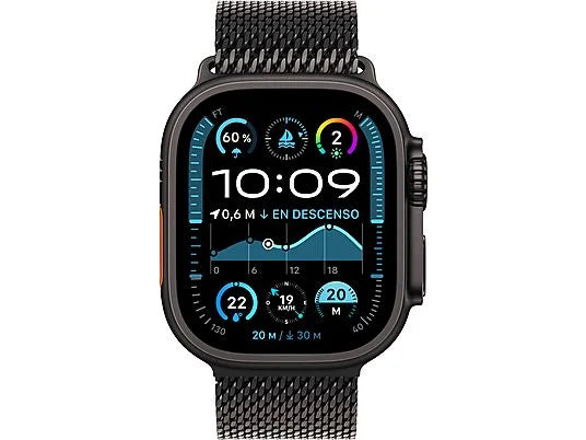 Apple Watch Ultra 2 (2024), GPS + Cellular, 49 mm, czarna tytanowa koperta, gest podwójnego stuknięcia, czarna tytanowa opaska mediolańska, rozmiar L