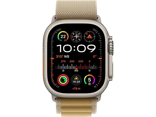 Apple Watch Ultra 2 (2024), GPS + Cellular, 49 mm, naturalna obudowa z tytanu, gest dwukrotnego stuknięcia, opaska alpejska w kolorze brązowym, mały