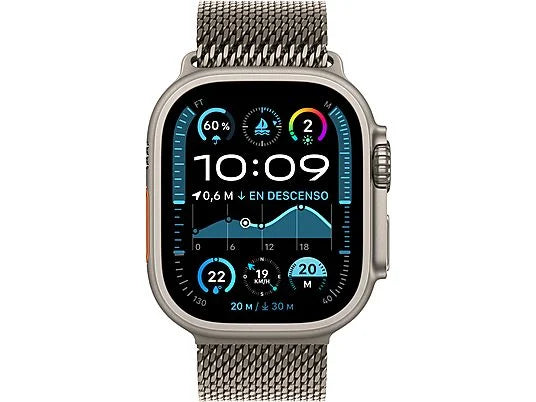 Apple Watch Ultra 2 (2024), GPS + Cellular, 49 mm, koperta z naturalnego tytanu, gest podwójnego stuknięcia, bransoleta mediolańska z naturalnego tytanu, rozmiar S