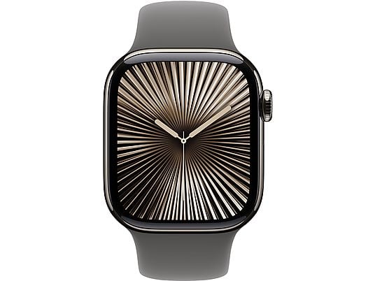 Apple Watch Series 10 (2024), GPS + Cellular, 42 mm, gest dwukrotnego stuknięcia, koperta z naturalnego tytanu, pasek sportowy w kolorze kamiennoszarym, rozmiar M/L
