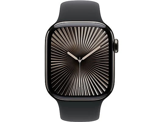 Apple Watch Series 10 (2024), GPS + Cellular, 42 mm, gest dwukrotnego stuknięcia, koperta z tytanu w kolorze szarym, czarny pasek sportowy, rozmiar średni/duży