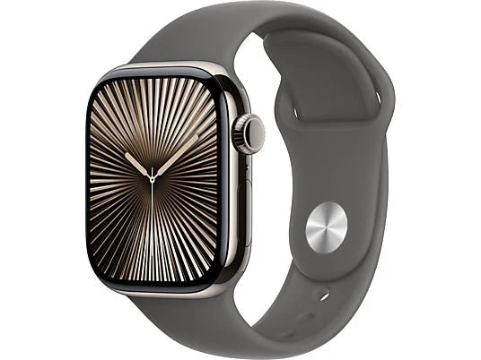 Apple Watch Series 10 (2024), GPS + Cellular, 42 mm, gest dwukrotnego stuknięcia, koperta z naturalnego tytanu, pasek sportowy w kolorze kamiennoszarym, rozmiar M/L