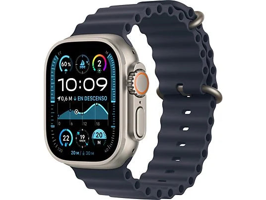 Apple Watch Ultra 2 (2024), GPS + Cellular, 49 mm, koperta z naturalnego tytanu, gest dwukrotnego stuknięcia, pasek Ocean w kolorze granatowym